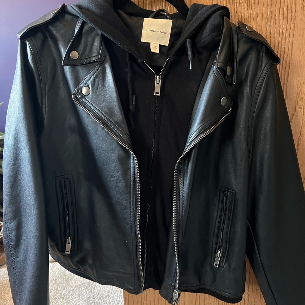Silence + noise faux black leather hoodie jacket